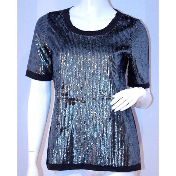 BCBG Max Azria KNIT Top SEQUIN Shirt HEATHER Charcoal Small - Picture 1 of 1